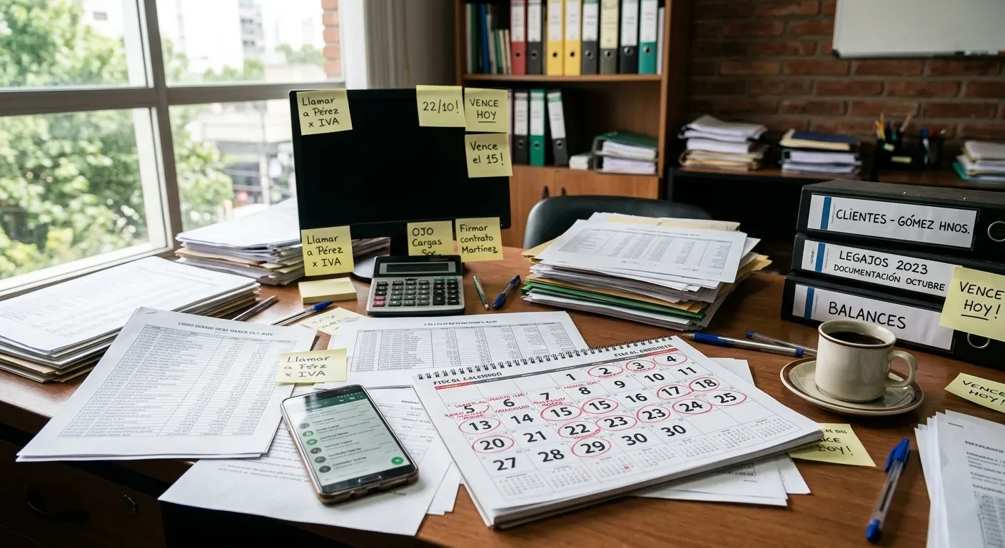 Escritorio de trabajo con planillas, vencimientos y mensajes dispersos