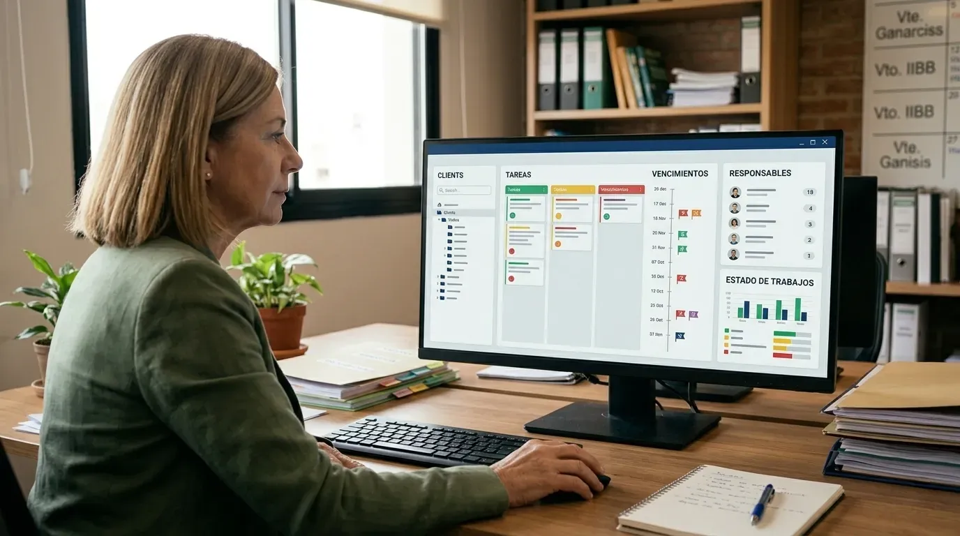 Responsable de estudio contable revisando un sistema de trabajo en pantalla
