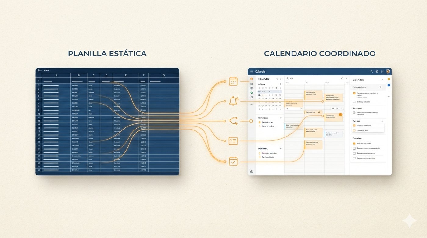 A la izquierda, una planilla estática; a la derecha, un calendario coordinado que se actualiza a partir de ella.