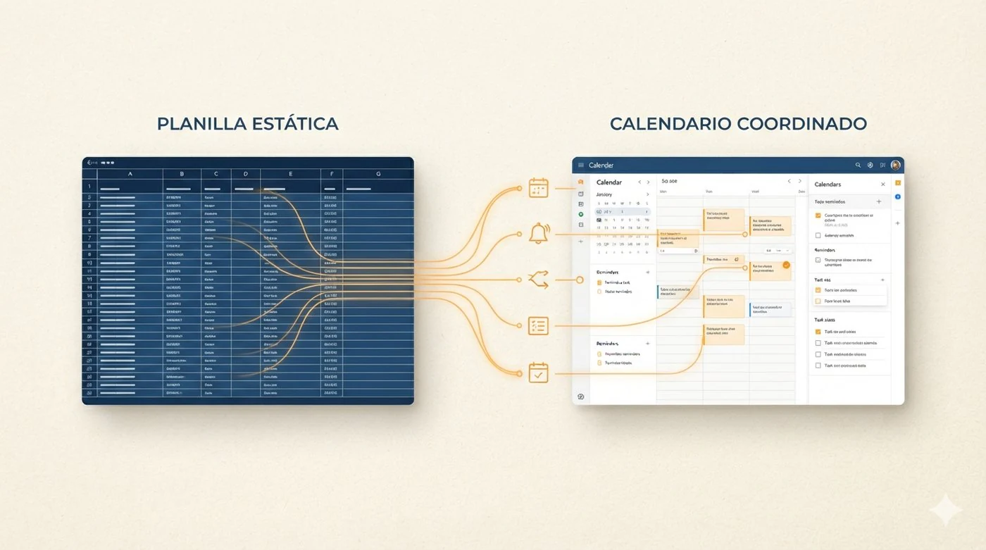 A la izquierda, una planilla estática; a la derecha, un calendario coordinado que se actualiza a partir de ella.